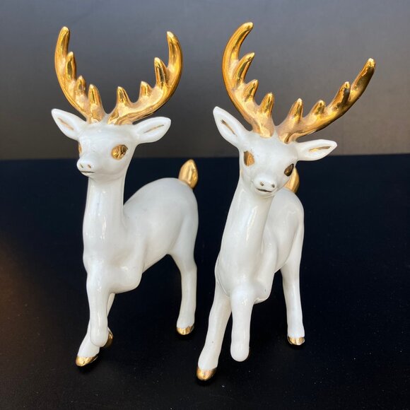 White Porcelain Reindeer With Gold Horns - Set of 3** - Picture 4 of 16